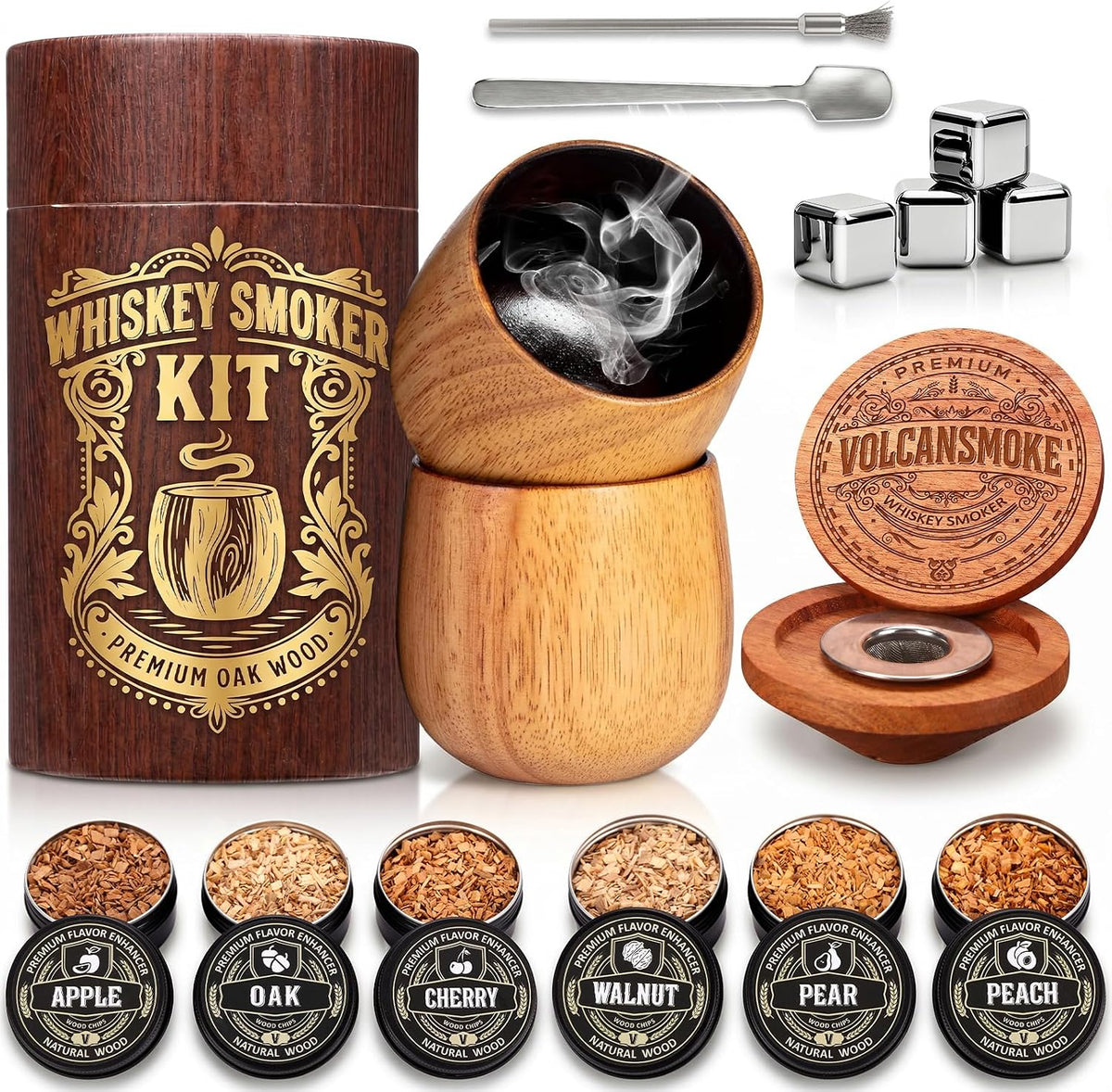 Whiskey Smoker Kit, Cocktail Smoker Kit for Bourbon & Old Fashioned Drinks, Oak Wood Smoke Infuser Set with 6 Flavors Wood Chips, Whiskey Stones & Accessories, Gifts for Men Dad Husband - Default
