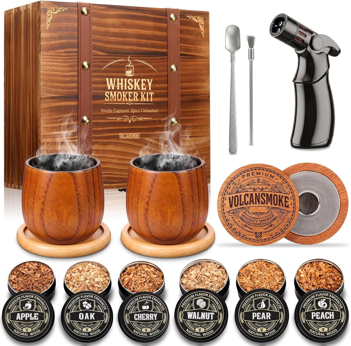 Whiskey Smoker Kit with Torch - Old Fashioned Cocktail Smoker Kit with Bourbon Glasses, 6 Flavors Wood Chips, Birthday Gift for Men, Dad, Whiskey & Bourbon Lovers (No Butane) Smoking - Wooden